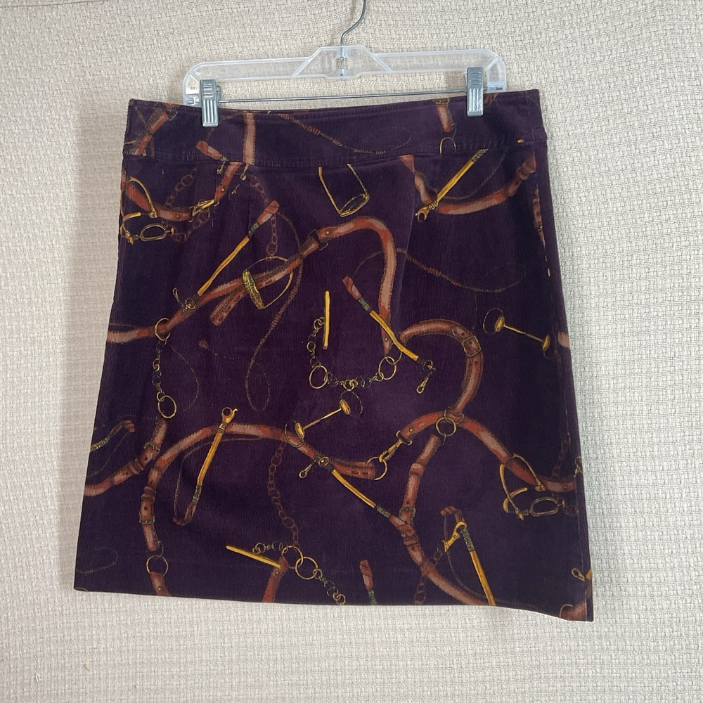 Talbots Classic Bit Bridle Equestrian Theme Corduroy Skirt SZ 12 Burgundy Gold